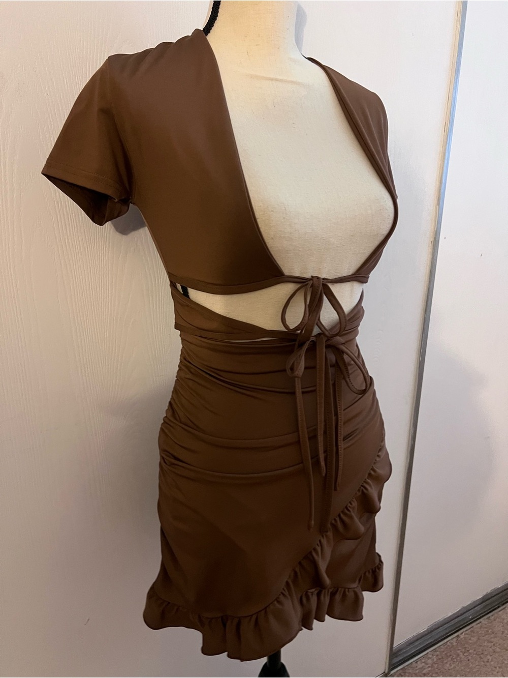 Brown Tie-Front Ruffled Mini Dress - Picture 2 of 4